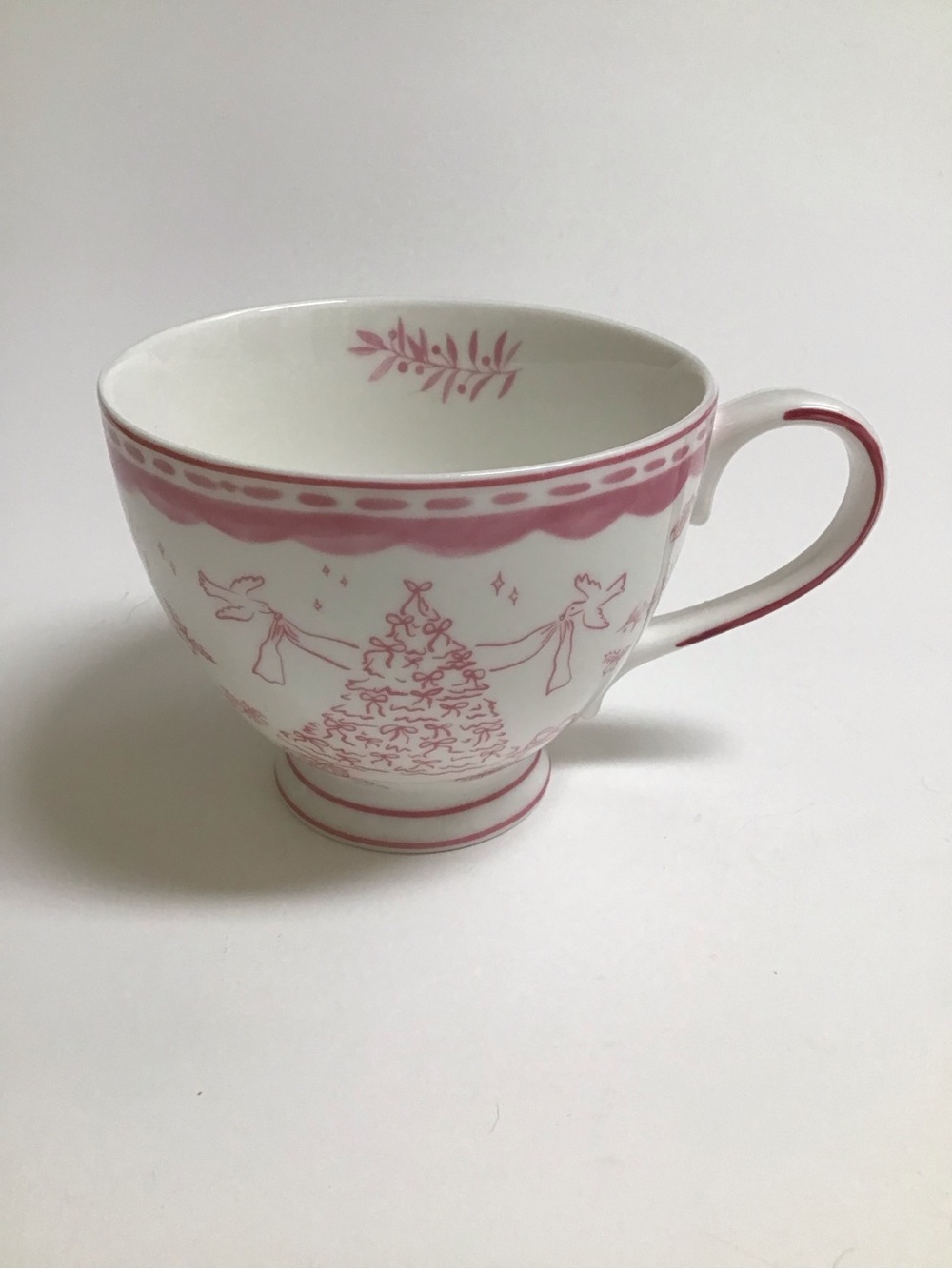 Cottagecore Christmas Tree Coffee Cup Tea Pink White Monterey Bay Fine Porcelain